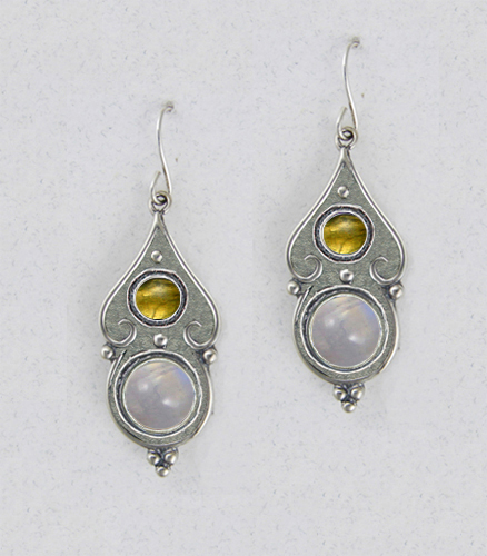 Sterling Silver Rainbow Moonstone And Citrine Gemstone Drop Dangle Earrings